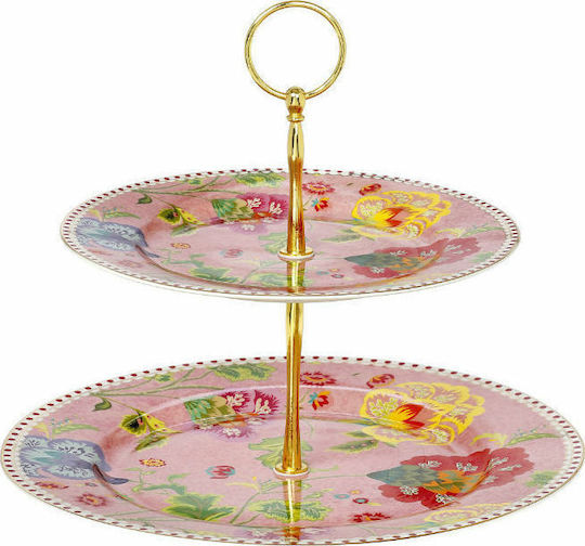 Cryspo Trio Floral Etajeră 2 niveluri din Porțelan Roz Ø27xY27cm 1buc