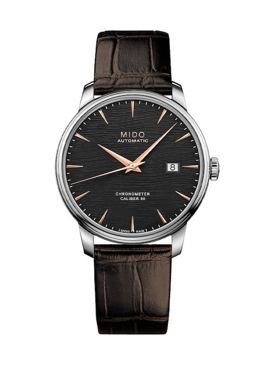 Mido Baroncelli C.O.S.C Certified Three Hands Battery Watch with Leather Strap Brown