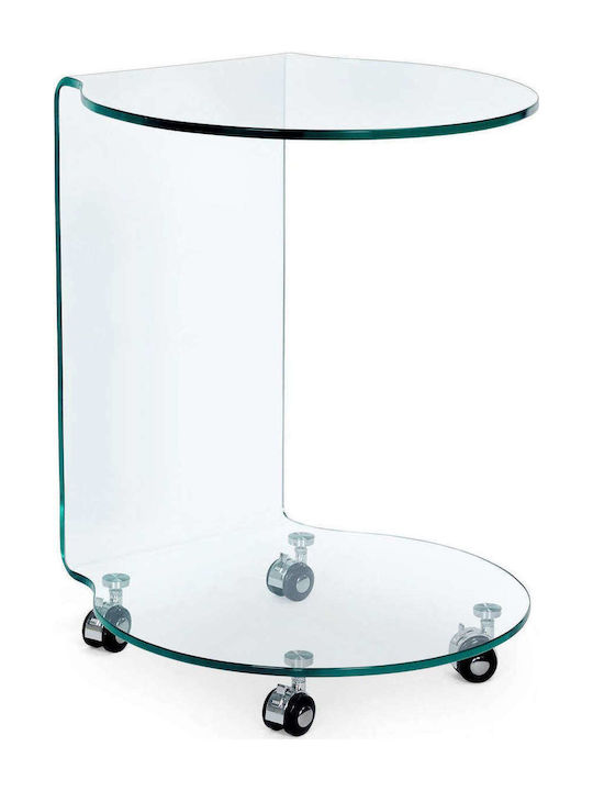 Iride Oval Glass Side Table with Wheels Transparent L45xW45xH60cm