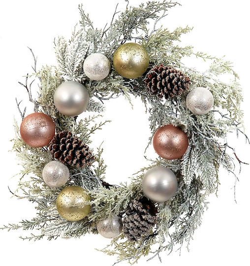 Lianos Weihnachtsdekoration Kunststoff Kranz mit Durchmesser 50cm. Verschneit mit Kugeln und Zapfen 2Stück