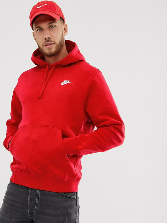 Nike Sportswear Club Ανδρικό Φούτερ με Κουκούλα και Τσέπες Κόκκινο
