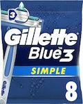 Gillette Blue 3 Simple Disposable Razors with 3 Blades & Lubricating Tape 8pcs