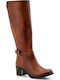 Leder Damenstiefel mit mittlerem Absatz & Gummizug Tabac Braun