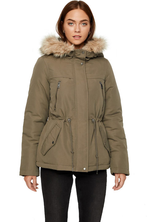 Vero Moda Kurz Damen Parka Jacke mit pelziger Kapuze für Winter Khaki