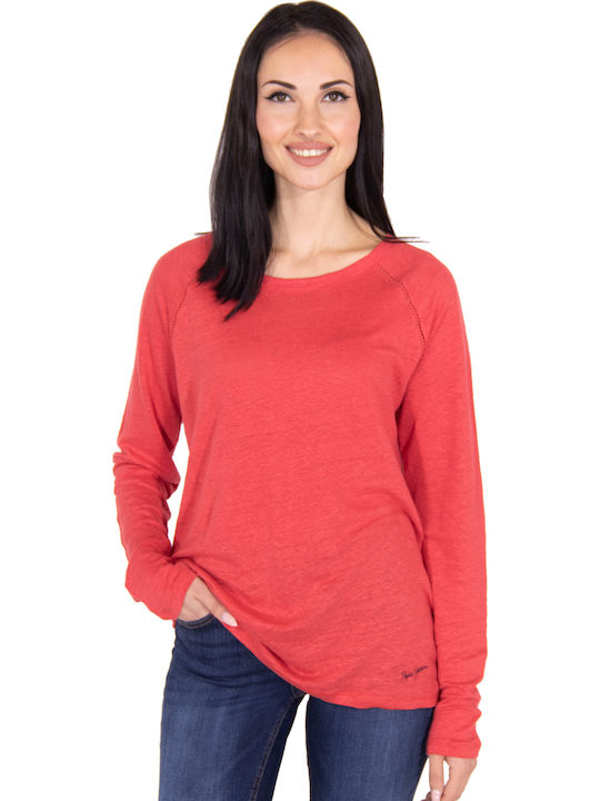 Pepe Jeans Mayday Women's Summer Blouse Linen Long Sleeve Lipstick Red