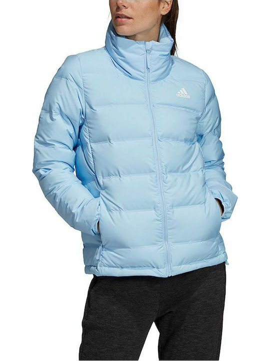 Adidas Helionic 3-Stripes Κοντό Γυναικείο Puffer Μπουφάν για Χειμώνα Γαλάζιο