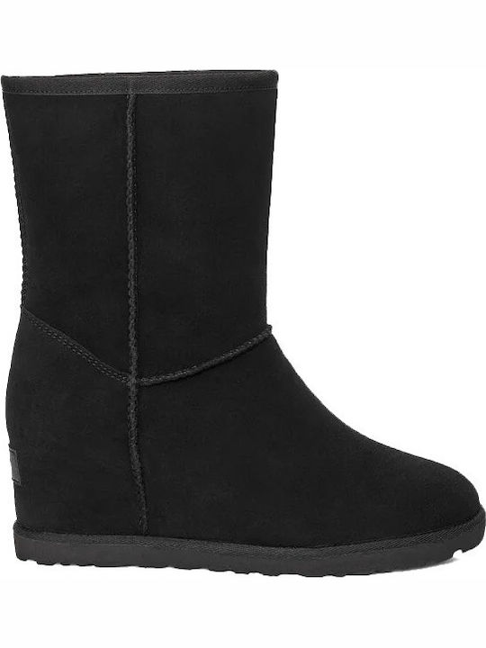 Suede Medium Heel Women's Boots with Fur Classic Femme Short Black