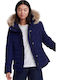 Superdry Icelandic Kurz Damen Puffer Jacke mit pelziger Kapuze für Winter Marineblau