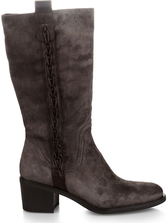 Suede Medium Heel Women's Boots with Zipper Brown