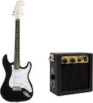 Hoppline Set Elektrische Gitarre mit Form Stratocaster und SSS Pickup-Anordnung in Schwarz Farbe mit Hülle