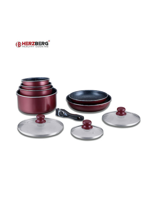Herzberg Herzberg Cookware Set in Burgundy Aluminum with Stone Interior Coating 6 Pieces