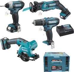 Makita Set Ferăstrău circular & Mașină de găurit cu impact & Șurubelniță cu impact & Ferăstrău alternativ 12V cu 3 baterii 2Ah și husă