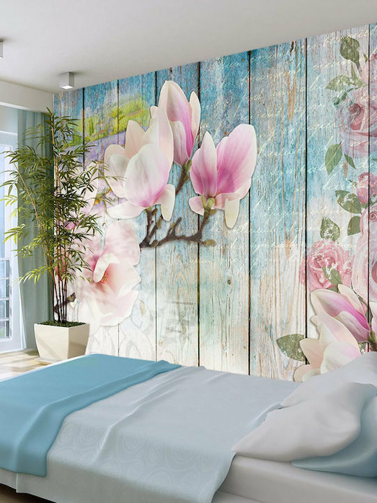 Wall Mural Pink Flowers On Wood 100x70 Fabric Pink L100xW70cm