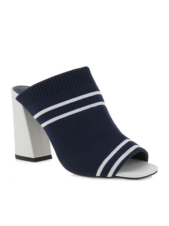 Leather Mules with Chunky High Heel in Navy Blue Color