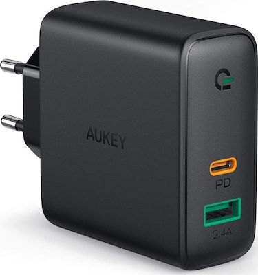 Aukey Φορτιστής Χωρίς Καλώδιο με Θύρα USB-A και Θύρα USB-C 60W Power Delivery Μαύρος (PA-D3)