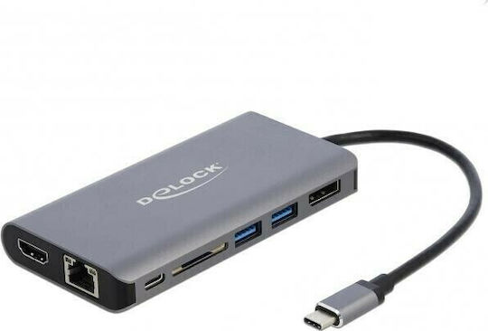 DeLock USB-C Docking Station με HDMI/DisplayPort 4K PD Ethernet και συνδεση 2 Οθονών Ασημί (87683)