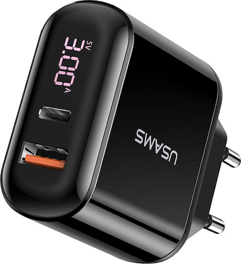 Usams Charger Without Cable with USB-A Port and USB-C Port 18W Blacks (CC085)