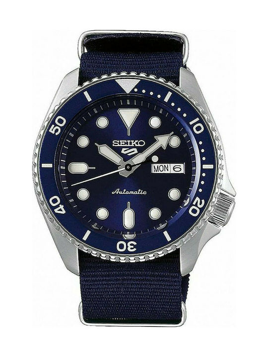 Seiko Ανδρικό Ρολόι 43mm Αυτόματο με Μπλε Υφασμάτινο Λουράκι