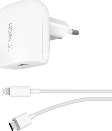 Belkin Φορτιστής με Θύρα USB-C και Καλώδιο USB-C - Lightning 18W Λευκός (Boost Charge)