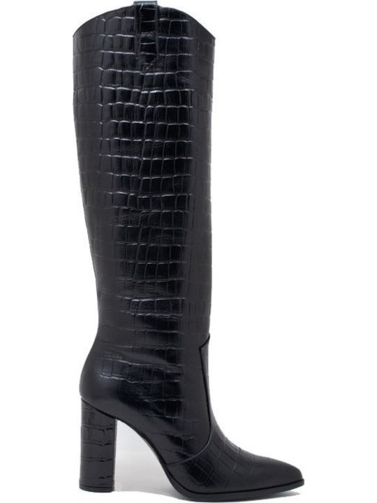 Makis Fardoulis Δερμάτινες Γυναικείες Μπότες με Ψηλό Τακούνι Μαύρες