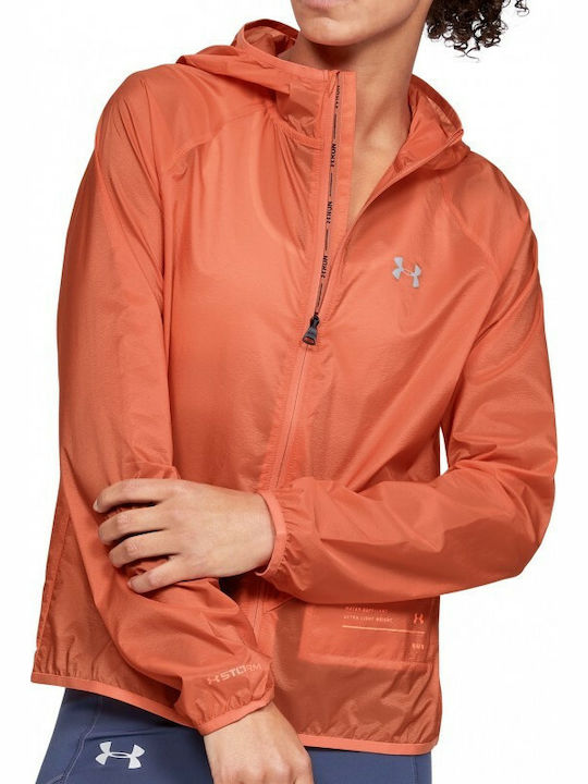 Under Armour Qualifier Storm Packable Womens Women's Running Short Sports Jacket for Spring or Autumn with Hood Red