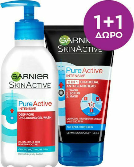 Garnier Skinactive PureActive Activated Charcoal Skin Care Set for Facial Cleaning & against Acne