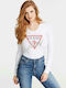 Guess Women's Blouse Cotton Long Sleeve with V Neckline White