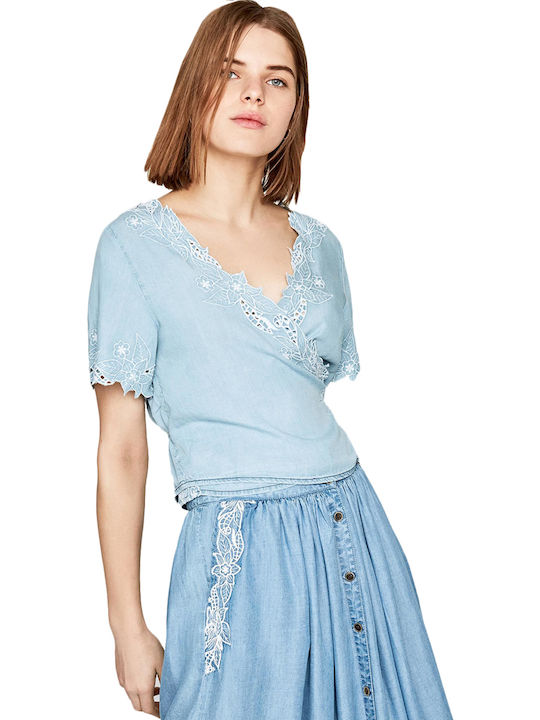 Pepe Jeans Xenia Women's Summer Crop Top Short Sleeve Light Blue