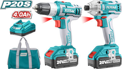 Total Set Impact Screwdriver & Drill Driver 20V with 2 4Ah Batteries and Case with 3 Καρυδάκια & 47 Εξαρτήματα