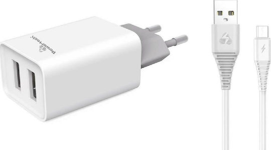 Powertech Φορτιστής με 2 Θύρες USB-A και Καλώδιο micro USB Λευκός (PT-775)