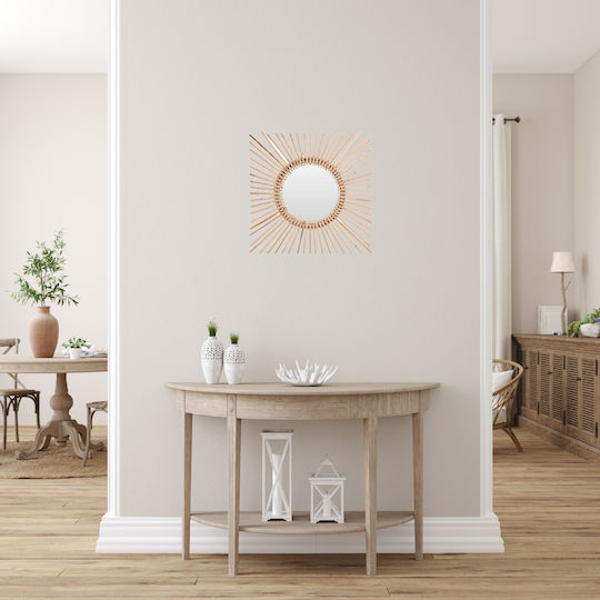 Wall Mirror with Brown Wooden Frame Diameter 60cm 1pcs
