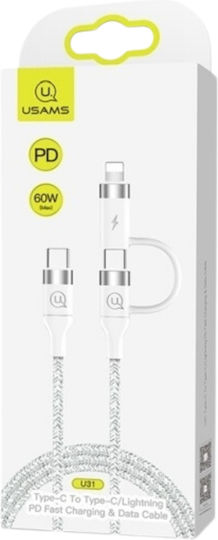 Usams Braided USB Type C to Lightning / Type-C Cable Λευκό 1,2m (SJ403USB02)