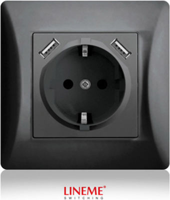 Lineme Single Power Socket with 2 USB Ports Black