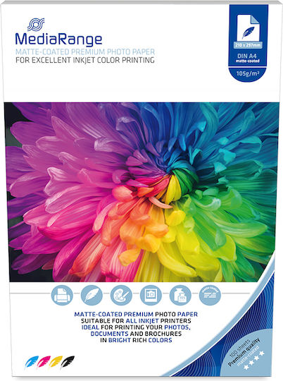 MediaRange Photo Paper Matte Coated Premium A4 (21x30) 105gr/m² for Printers Inkjet 100 Sheets