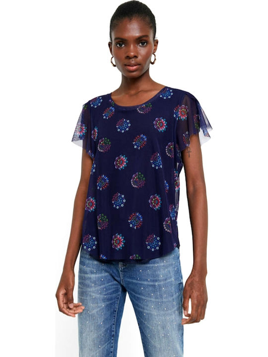 Desigual Damen Sommer Bluse Kurzärmelig Blumen Marineblau