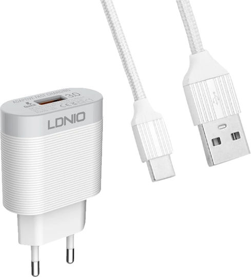 Ldnio Φορτιστής με Θύρα USB-A και Καλώδιο USB-C 18W Quick Charge 3.0 Λευκός (A303Q)