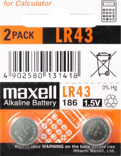 Maxell Alkaline Watch Batteries LR43 1.5V 10pcs