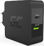 Green Cell Φορτιστής Χωρίς Καλώδιο με Θύρα USB-A και Θύρα USB-C και Καλώδιο USB-C 45W Power Delivery / Quick Charge 3.0 Μαύρος (CHAR10)