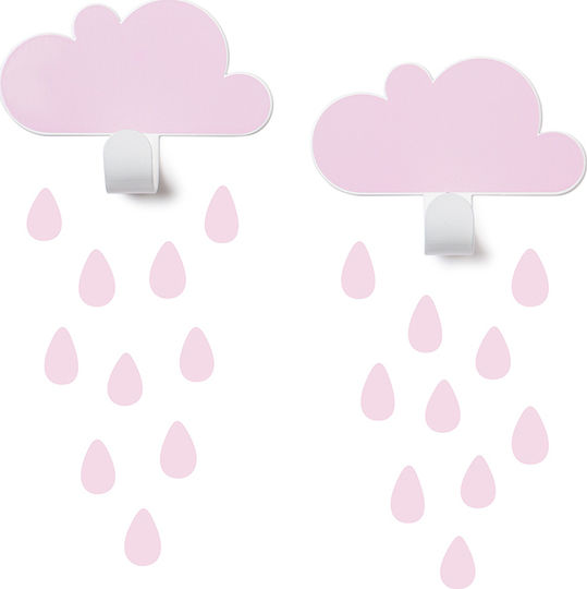 Tresxics Metallic Kids Wall Mounted Hanger with One Hook Two Clouds Rain Drops Pink 9cm 2pcs