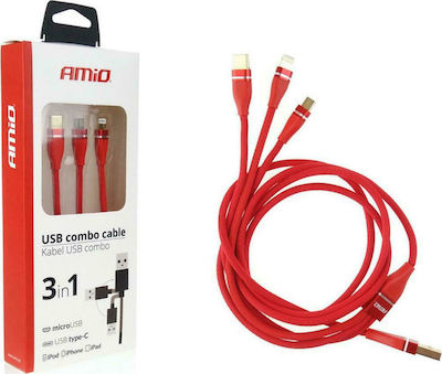 AMiO UC-7 Плетена USB към Мълния / Type-C / микро USB Кабел 3.1Спецификация Червен 1.2м (02178)