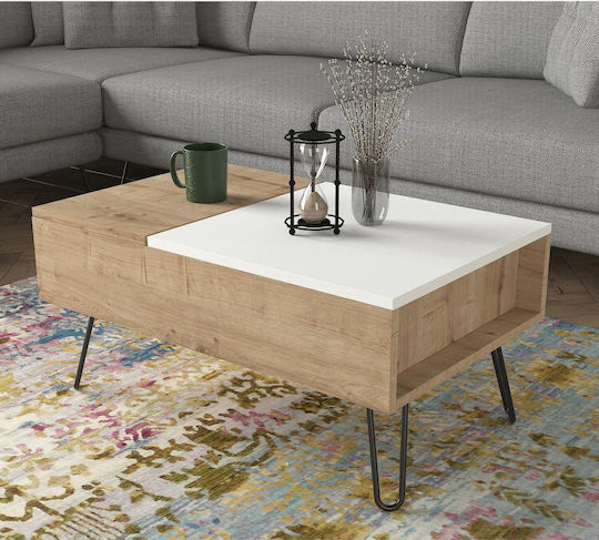 Rectangular Central Coffee Table Limnos Wooden with Lifting Mechanism Natural/White W80xL50xH39cm