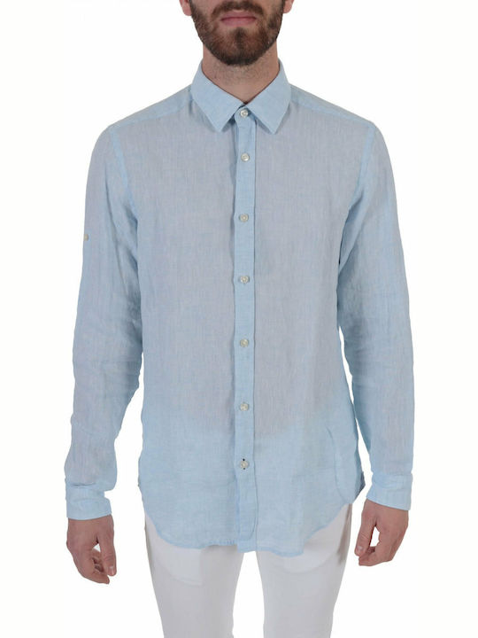 Hugo Boss Men's Shirt Long Sleeve Linen Light Blue