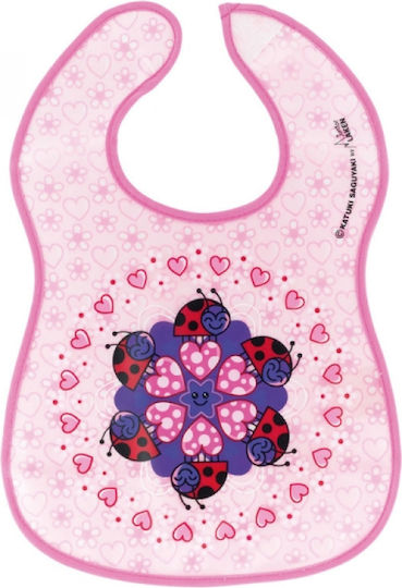 Laken Katuki Saguyaki Mariquitas Waterproof Bib Plastic with Hoop & Loop Fastener & Pocket Pink for 24 m+ YBM