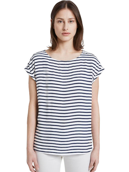 Tom Tailor Damen Sommer Bluse Kurzärmelig Gestreift Marineblau