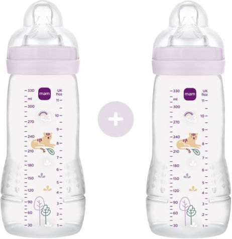 Mam Σετ Πλαστικά Μπιμπερό Easy Active Combi-Pack με Θηλή Σιλικόνης για 4+ μηνών Φούξια Λουλουδάκια - Φούξια 330ml 2τμχ