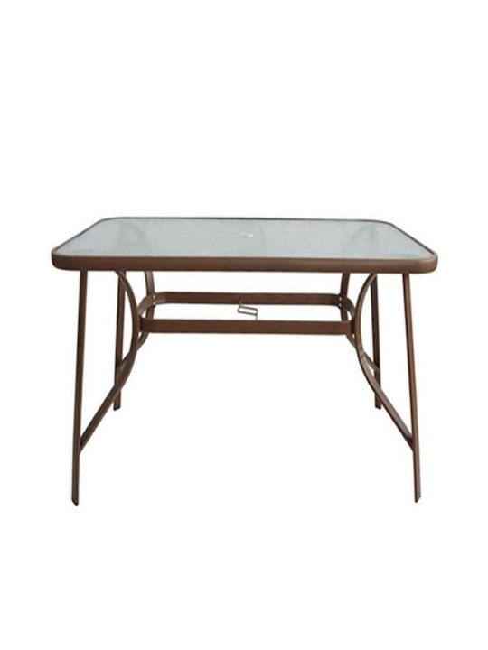 Sun Outdoor Dinner Table with Glass Surface and Metal Frame Brown 150x90x70cm
