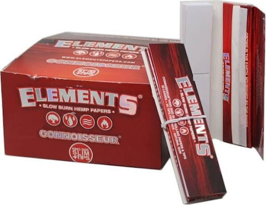 Elements Red Connoisseur Cigarette Rolling Papers Slim King Size with Cone Tips 33 sheets 24pcs