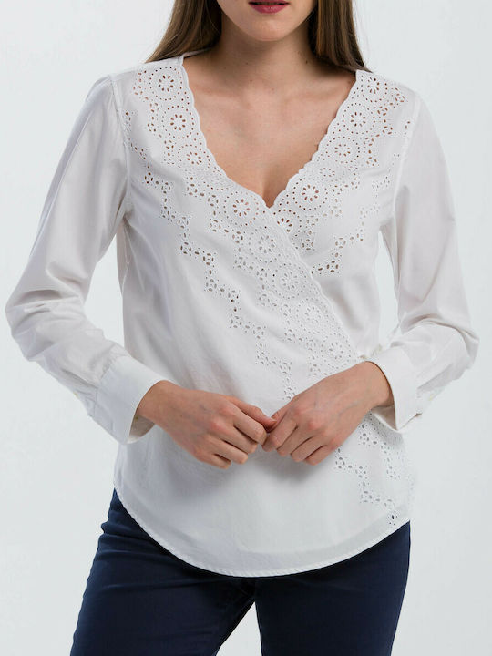 Gant Summer Women's Cotton Blouse Long Sleeve with V Neckline White