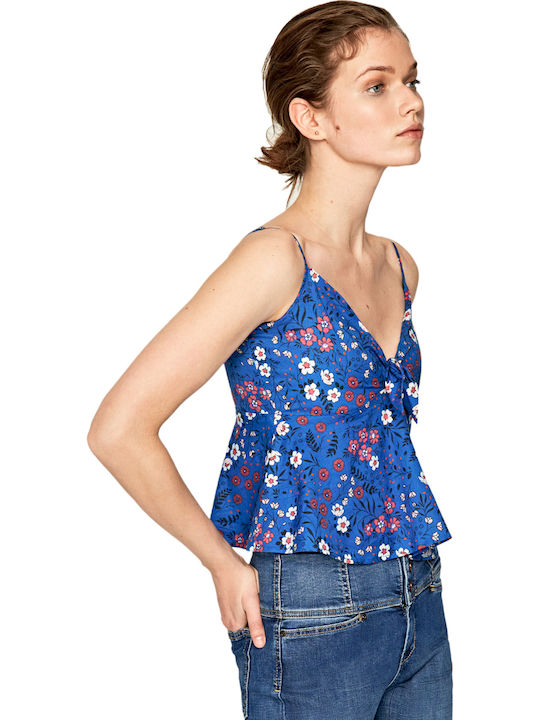 Pepe Jeans Mariah Damen Sommerliche Bluse Baumwoll mit Trägern Blumen Blau