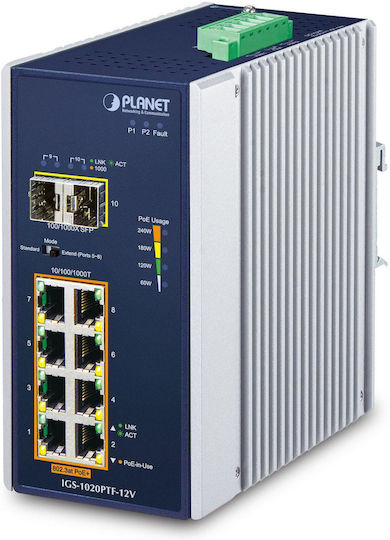 Planet IGS-1020PTF-12V Unmanaged L2 PoE+ Switch με 8 Θύρες Gigabit (1Gbps) Ethernet και 2 SFP Θύρες